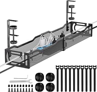 Cable Management, 25'' Cable Management Under Desk No Drill, Metal Cord Organizer with Clamp for Standing Desk, Cable Organizer f...