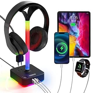cozoo RGB Headphone Stand with Charger 3 USB Ports and 2 AC Outlets,2 USB-A 1 Type C,Desk Gaming Headset Holder with 9 Light Modes,PC Gamin...